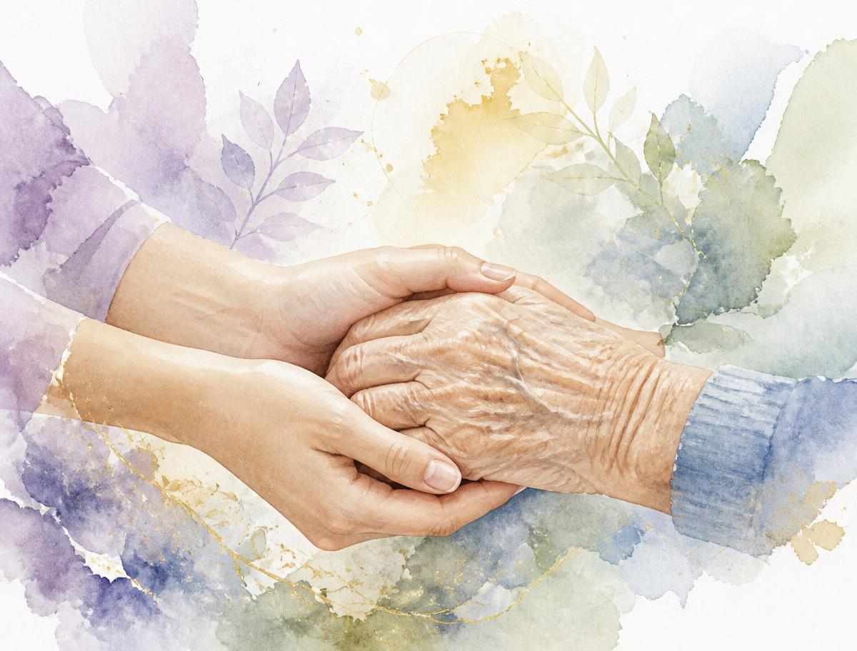 A caregiver gently holding the hands of an older adult